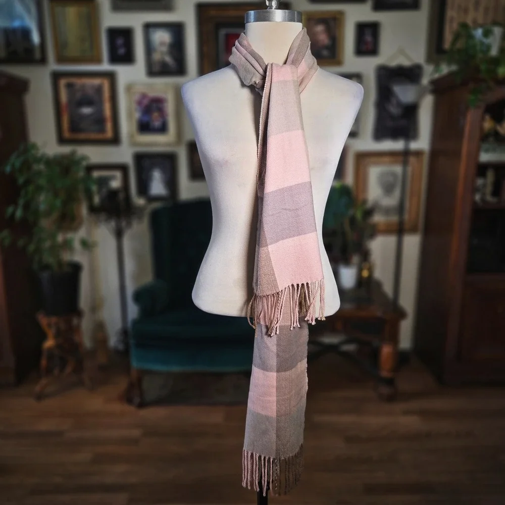 Pink Plaid Scarf Checkered Cashmere-Feel Soft Acrylic Winter Fringe 12x72 Wrap